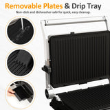 Sunvivi Indoor Grill & Griddle with Preset Menu, 1600W Electric Panini Press Sandwich Maker, Removable Nonstick Plates, Locking Lid, Double-sided Grill with 180° Flat Opening, Stainless Steel, Black