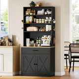 IRONCK Bakers Rack Microwave Stand with Customizable Pegboard and Storage, 71" Farmhouse Coffee Bar Cabinet with Drawer, Barn Doors, Adjustable Shelves for Kitchen, Dining Room, Living Room, Black