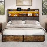 BRELTAM King Bed Frame with 6 Storage Drawers, Linen Upholstered Headboard, Built-in USB Charging Station & LED Lighting, Silent Metal Support, No Box Spring Needed, Vintage Brown