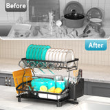 Ricobes Dish Drying Rack - 2 Tier Large Capacity Dish Rack- Dish Racks for Kitchen Counter with Drainboard, Black