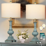 Farmhouse Table Lamps Set of 2, 26" Vintage Rustic Touch Control 3-Way Dimmable Bedside Lamp with USB A+C Ports & AC Outlet, Blue Nightstand Lamp for Living Room Bedroom End Table(LED Bulbs Included)