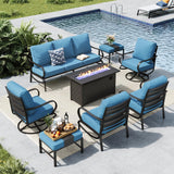 MFSTUDIO 8 Piece Metal Patio Furniture Set with Fire Pit Table, Denim Blue