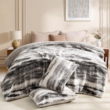 Wajade Fluffy King Comforter Set Grey White Soft & Fuzzy Faux Fur Comforter Luxury Lightweight Plush Bedding Set for Bedroom All Season