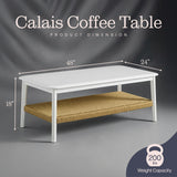 Alaterre Furniture Calais Living Room Collection – 48 Inch Rectangular Wood Coffee Table with Woven Storage Shelf – Mid Century Modern 2-Tier Living Room Table (White)