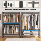 BATHWA Heavy Duty Garment Rack on Wheels, Rolling Clothes Racks for Hanging Storage, Simple Sturdy Metal Wardrobe Closet with Double Rods, 8 Side Hangers, 3 Shelves, Black