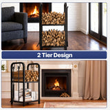 HONEST OUTFITTERS Firewood Rack Indoor, 2-Tier Firewood Rack Outdoor with 4 Pieces Fireplace Tools Set, Heavy Duty Log Wood Holder for Fireplace, Fire Pit, Wood Stove Black
