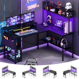 Aheaplus L Shaped Gaming Desk with Power Outlets & LED Lights, Small L- Shaped Desk Computer Corner Desk with Monitor Stand & Storage Shelf, Home Office