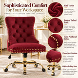 Wine Red Velvet Vanity Chair with Wheels, Armless Home Office Desk Chairs