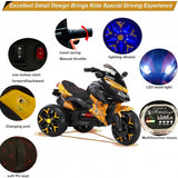 12V Electric Kids Motorcycle for 3-8 Year Old Boys Girls, 3-Wheel Ride-On Toy Motorbike with Lighting Wheels, Music Player (Connect with Phone) and Hand Drive (Yellow)