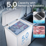 Anypro Chest Freezer 5.0 Cu.Ft, FreeStanding Top Door Compact Small Deep Mini Freezer with Removable Baskets, 7 Adjustable Temperatures for Garage Dorm Apartment RV Kitchen Business, White