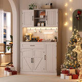 ONBRILL 71" Pantry Cabinet, Kitchen Pantry Storage Cabinet with LED Light & Outlet, Kitchen Hutch with Microwave Shelf & 6 Hooks, Door Shelves & Drawer & Adjustable Shelves, for Dining Room