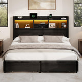 BRELTAM Queen Storage Bed Frame with 6 Drawers, USB Charging Station, No Noise, No Box Spring Required, Vintage Black Headboard Platform Bed