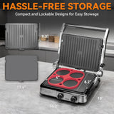 Baker's Friend 4-slice Panini Press Grill Cheese Sandwich Maker, Electric Grill Indoor with Temperature Setting, Opens 180 Degrees, Dual Non-stick Surfaces, 4-circle Silicone Mold, Reversible Plates