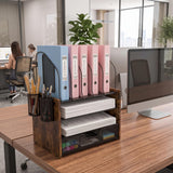 Boershun Wood Desk Organizer - 4-Tier Desktop File Organizer with Drawer, Wooden Paper Tray, Vertical File Holders & 2 Pencil Holders - Office Desk Organizer for Papers, Mail, Notebooks, Stationery