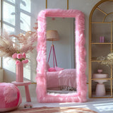 Anpark Full Length Mirror Free Standing Furry Faux Fur Framed Full Body Floor Mirror Wall Mounted Leaning Hanging Wall for Bedroom Hallway Entrance, 71"x32", Pink
