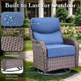 moosprr Luxury Outdoor Furniture Set with 6-Inch Thick Cushion, High Back Swivel Patio Chairs with Ottoman & Side Table, Outdoor Wicker Swivel Bistro Set for Porch, Yard, Deck, Poolside, Brown/Blue