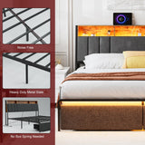 IKIFLY King Bed Frame with Dustproof Storage Drawers, Ergonomic Hidden Storage headboard with Charging Station, Upholstered LED King Platform Bed, No Box Spring Needed, Easy Assembly, Dark Grey