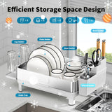 Ewaiira Dish Drying Rack, 304 Stainless Steel Dish Racks for Kitchen Counter, Dish Drainers with Automatic Drainage, Utensil Holder & Cups Holder, Space Saving Kitchen Organizer, White