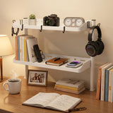 Clamp on Desk Shelf White, 2-Tier Office Desk Shelves Organizer, 17in Small Shelf for Top of Desk with Headphone Holder, Hooks, Desktop Storage Rack for Home Workspace, Study Rooms, Gaming Accessories