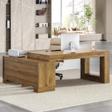 L Shaped Executive Desk with Storage, Farmhouse Home Office Desk with 2-Tier Cabinets and Shelves