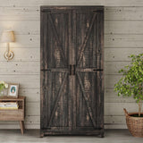 AMERLIFE Set of 2 Farmhouse Armoire Wardrobe Closet with 2 Barn Doors, 71'' Storage Cabinet with Shelf & Hanging Rod, Versatile Clothing Storage for Bedroom, Black Oak