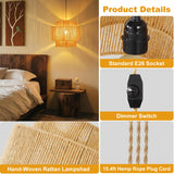 Sinvic Boho Plug in Pendant Light Dimmable Switch, Wicker Hangings Lights with Plug in Cord 14.7ft Hemp Rope, Rattan Lampshade Hanging Pendant Light, Jute Hanging Lamp for Kitchen Dining Room Bedroom