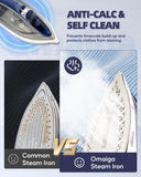 OMAIGA Steam Iron for Clothes, 1750W Clothes Iron with Ceramic Soleplate, Powerful Steam, 3-Way Auto Shut Off, Self-Cleaning & Anti-Calc, Anti-Drip, 13.52oz Water Tank, Grey