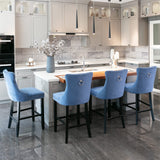 MOOLSUN Set of 4 Blue Velvet Bar Stools - Classic Fixed Height Design with Button Tufted Seat, Solid Wood Frame & Chrome Nailheads, Perfect for Standard Kitchen Island & Home Bar,Blue(Wood Leg)