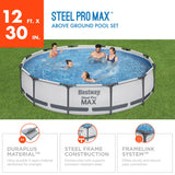 Bestway Steel Pro MAX Above Ground Swimming Pool (12' x 30") | Round Outdoor Backyard Family Pool with Tritech® Puncture-Resistant Liner | Easy Setup | Includes Filter Pump for Clean, Clear Water