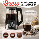 Gourmia Electric Glass Kettle – 1.7L Programmable Tea & Coffee Brewer with Digital Touch Display, 6 Presets, Removable Stainless Steel Infuser, Cordless with 360° Swivel Base, Black