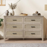 PIXOURA Rattan 6 Drawer Dresser for Bedroom, 48'' Wide Chest of Drawers with Metal Handles, Boho Dresser TV Stand, Wood Closet Dresser for Living Room, Hallway, Grey Oak