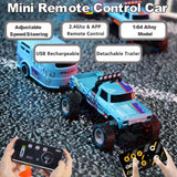 EXVQMU Mini RC Car, 1/64 Scale Mini Remote Control Monster Truck with Trailer, 2.4Ghz & APP Remote Control, Rechargeable Alloy Shell Mini RC Cars with Lights, Speed/Steering Adjustable (Blue-b)