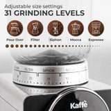 Kaffe Electric Burr Coffee Grinder (9oz) w/ 31 Adjustable Coarseness Settings - Conical Burr - [New Touch Screen w/Timer & Cup Selector] - Precision Coffee Bean Grinder for Home Use - Stainless Steel