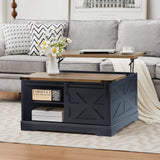 Tltaroni Farmhouse Lift Top Coffee Table, Wood Square Coffee Table with Sliding Barn Door and Adjustable Shelf Rustic Center Table with Hidden Storage Compartment for Living Room, Black