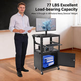 Mobile Av Cart with Locking Cabinet, with Wheels, Pullout Tray, Power Strip