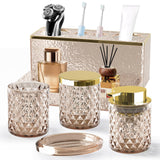 Glass Bathroom Accessories Set 5Pcs Crystal - Brown Foaming Soap Dispenser, Soap Dish, Cup, Acrylic Toothbrush Holder with Tray Organizer, Cotton Swab Jar, Bathroom Counter Set Sink Decor