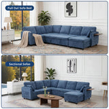 Modular Sectional Couch with Pull Out Sofa Bed, 116" U Shaped Modular Cloud Sofa Set with Ottoman, Charging Port & Foldable Side Table, 7 Seater Comfy Chenille Sleeper Couch for Living Room, Blue