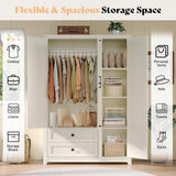 AMERLIFE Farmhouse 3 Door Wardrobe Closet with 2 Drawers & Hanging Rod, 47" Large Armoire Storage Cabinet with Adjustable Shelves, Freestanding Clothing Organizer for Bedroom, White