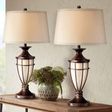 John Timberland Mission Cage Table Lamps 33" Tall Set of 2 with Nightlight Lantern Brushed Iron Brown Beige Fabric Shade for Living Room Bedroom House Bedside Nightstand Home Office Entryway