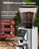 Tuni G1 Conical Burr Coffee Grinder, 48 Grind Settings Anti-static Burr Mill, Precision Electronic Timer and LED Touchscreen, Silver