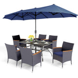 PHI VILLA 7pc Patio Dining Set w/Umbrella, Rectangular Table, Rattan Chairs