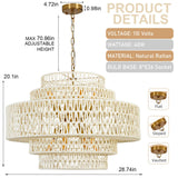 LUJOGUID 28.74in Large Chandelier White Light for Living Room, 8-Light Rattan Lighting Hand Woven Wicker Light Fixtures for Dining Room Bedroom Kitchen Island Restaurant