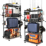 SOYEEZE Fishing Rod Holders for Garage, 4 Tier Adjustable Fishing Pole Holders Up to 12 Rods, Fishing Rod Rack with Lockable Wheels for Large Tackle Box Storage and Fishing Equipment Organization