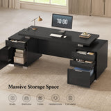 Executive Desk with Power Outlet and File Drawer, Modern Home Office Desk with 3 Large Cabinets and Privacy Panel