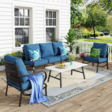 MFSTUDIO 4 Piece Metal Patio Furniture Set with Peacock Blue Cushion