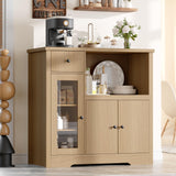 GarveeHome Kitchen Microwave Cabinet with Storage and Drawers, Modern Small Buffet Cabinet with Glass Doors and Adjustable Shelf, Wooden Sideboard with Wide Top for Dining Room, Living Room, Natural