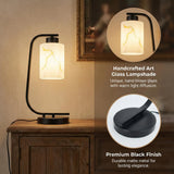 Mieloxiy Modern Industrial Table Lamp, Marble Pattern Glass Shade Desk Lamp with C-Shaped Black Metal Base, Bedside Nightstand Lamp for Bedroom, Living Room, Office, E26 Base