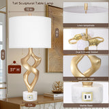 Scenekoy Sculptural Resin Table Lamp Set of 2 with USB Ports for Bedroom Living Room, 31” Big Gold Leaf Marble Base Bedside Lamps, Pull Chains Switch Modern Nightstand Lamp for Home Room Decor