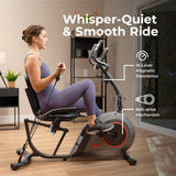 Sunny Health & Fitness Smart Recumbent Bike w/Workout Bands, 300LB Capacity Compact Equipment for Indoor Full-Body Exercise, Adjustable Cushion Seat
