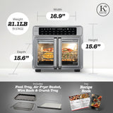 Kitchen Elite 26 Quart French Door Air Fryer Oven – Family Size Countertop Convection Cooker with LED Display, Stainless Steel